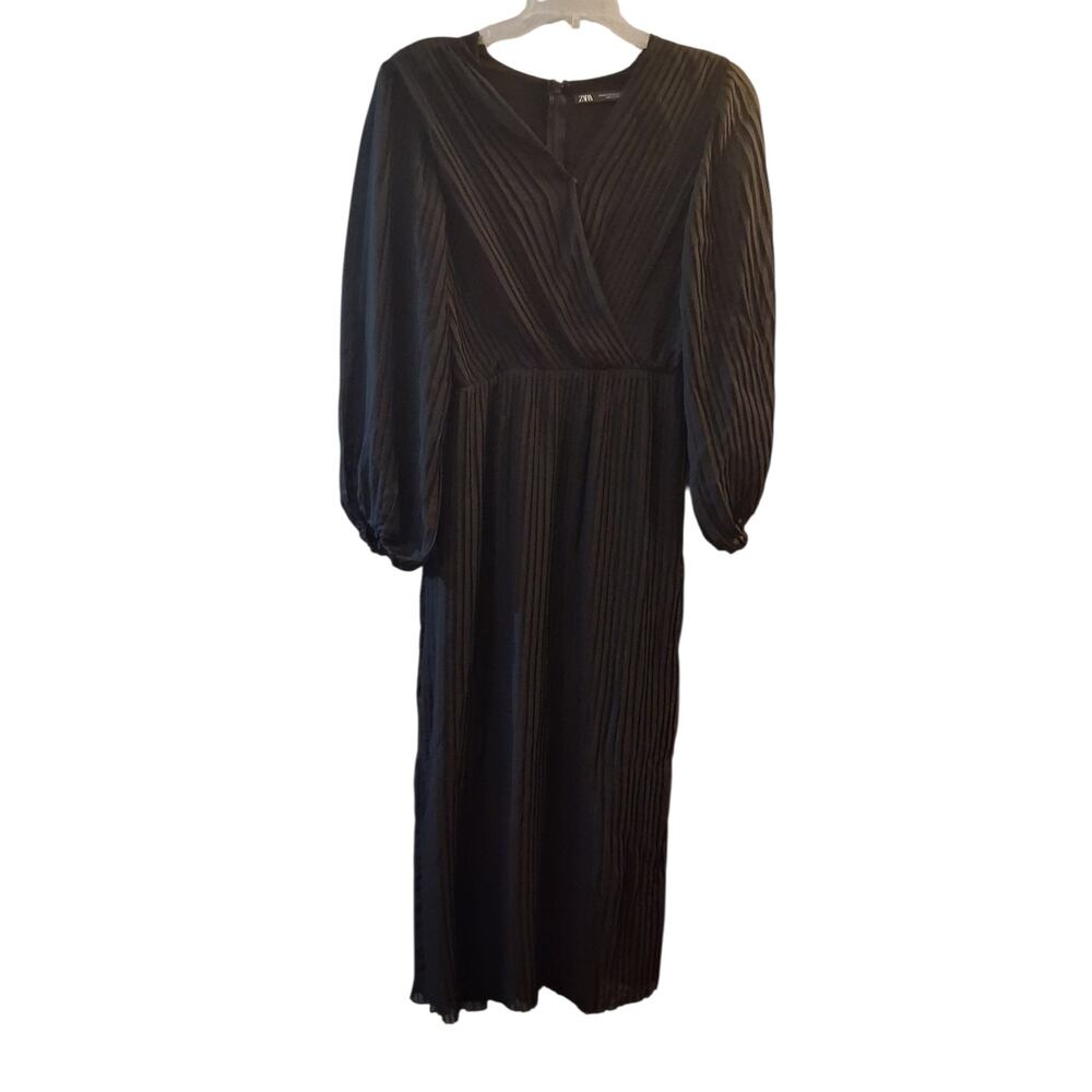 Zara Black Long-Sleeve Pleated Wrap Midi Dress XS Minimalist Capsule Classic - Picture 3 of 7